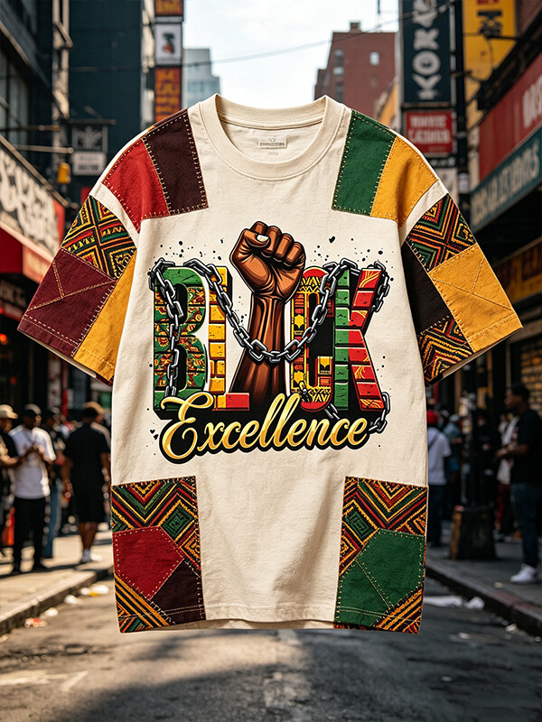 Men's Black Excellence Color Block Print Casual T-Shirt