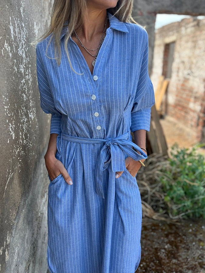 Women'S Casual Lapel Three-Quarter Sleeve Striped Printed Lace-Up Button Shirt Dress