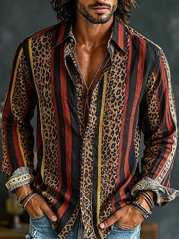 Men's Leopard Striped Print Long Sleeve Shirt