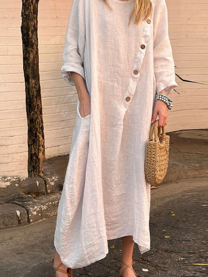Women's Casual Solid Color Round Neck Long Sleeve Button Dress