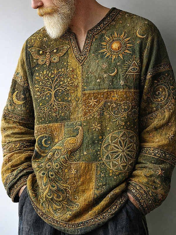 Men's Mysterious Hippie Style Peacock Sun And Moon Art Print V Neck Long Sleeve T-Shirt