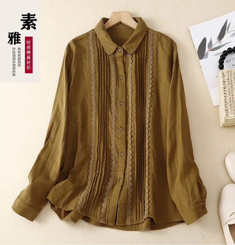 Women's Patchwork Lace Trim Linen And Cotton Pleated Shirt