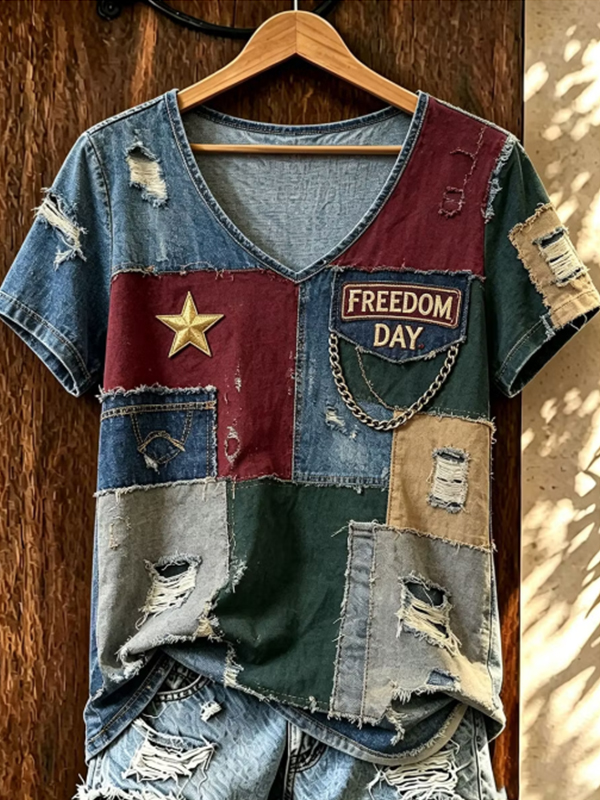 Women's Freedom Day Star Patchwork Art Print Casual V Neck T-Shirt