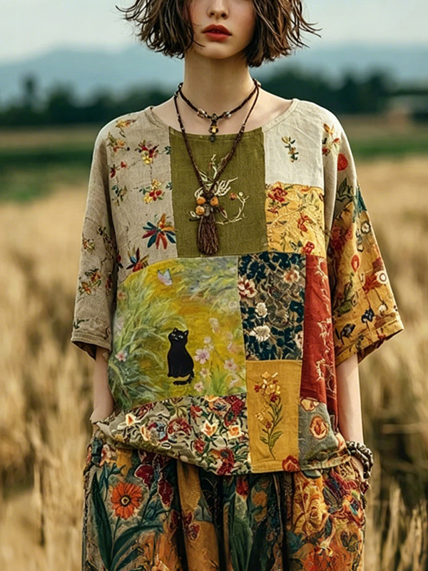 Women's Boho Patchwork Floral Art Print Casual T-Shirt