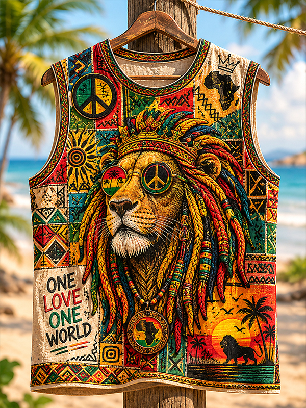 Men's One Love One World Reggae Lion Print Vacation Tank Top