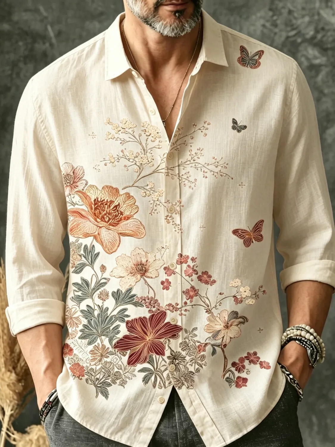 Men's Vintage Floral Butterfly Art Print Long Sleeve Shirt