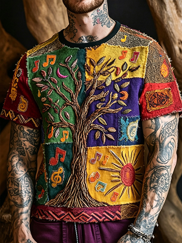 Men's Boho Patchwork Tree Of Life Music Note Print T-Shirt