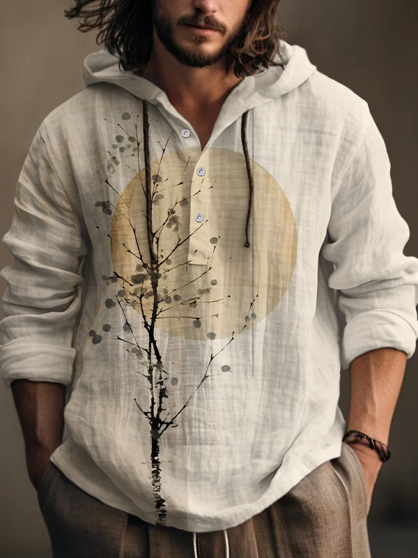 Men's Elegant Tree And Moon Art Print Hooded Shirt