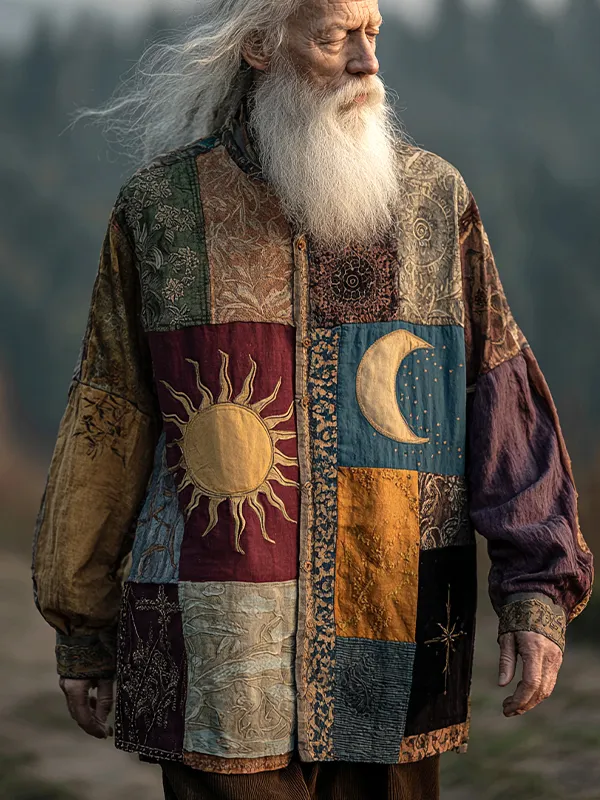 Men's Sun And Moon Boho Pattern Patchwork Art Print Long Sleeve Shirt