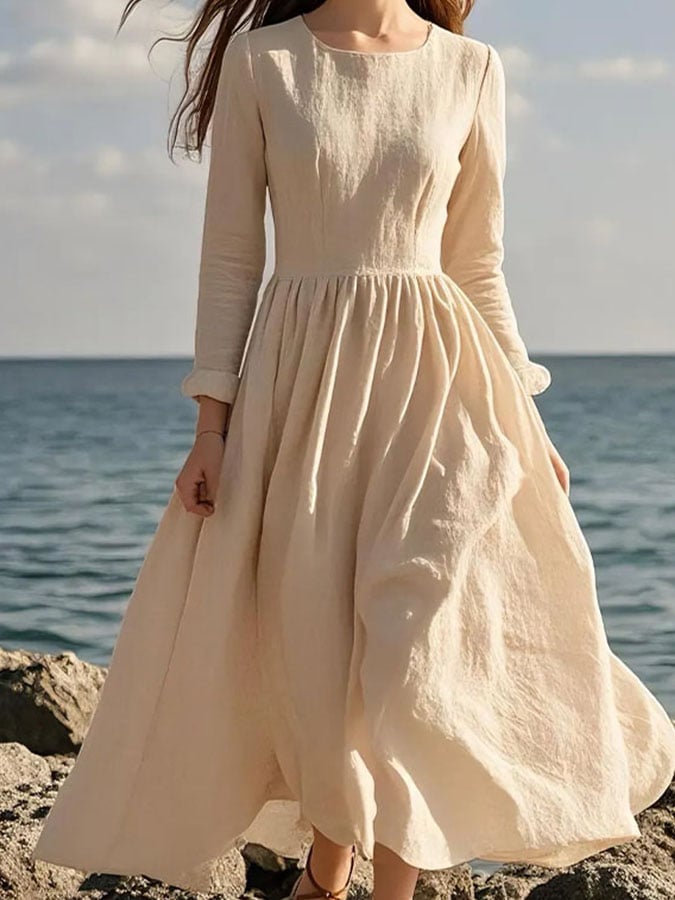 Women's Casual Solid Color Square Neck Long Sleeve Shirred Dress