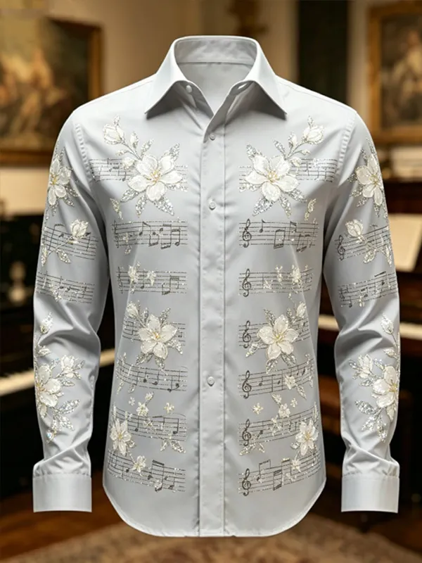 Men's Sheet Music Floral Print Long Sleeve Shirt