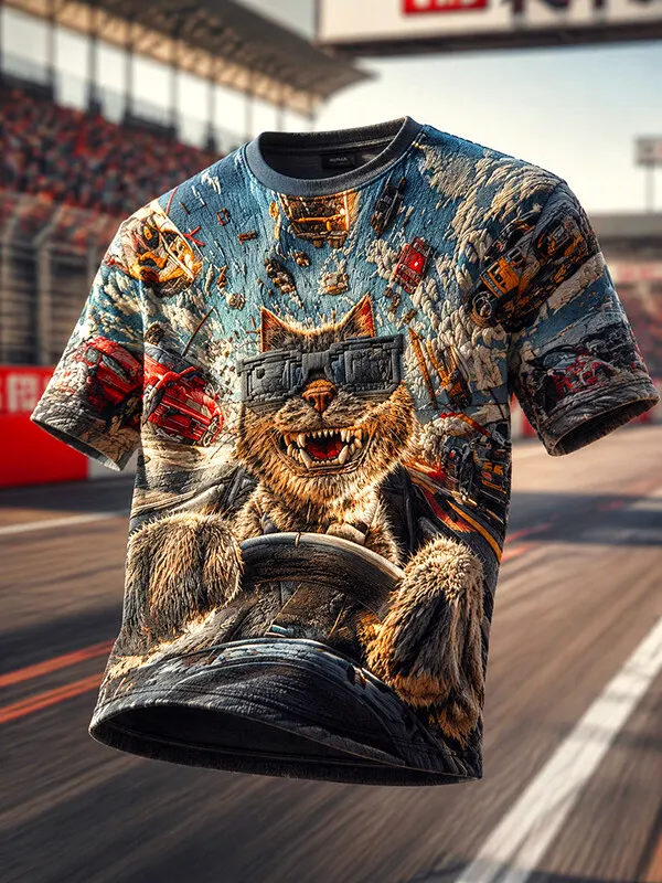 Men's Wild Cat Race Driver Crash Track Art Print Casual T-Shirt