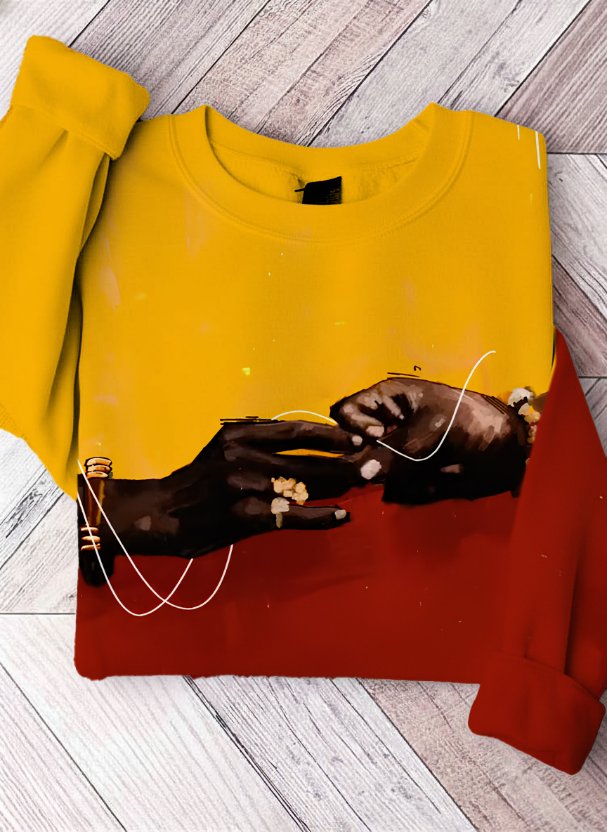 Women's Two-Tone Red Yellow Art Hand In Hand Graphic Print Long Sleeve T-Shirt
