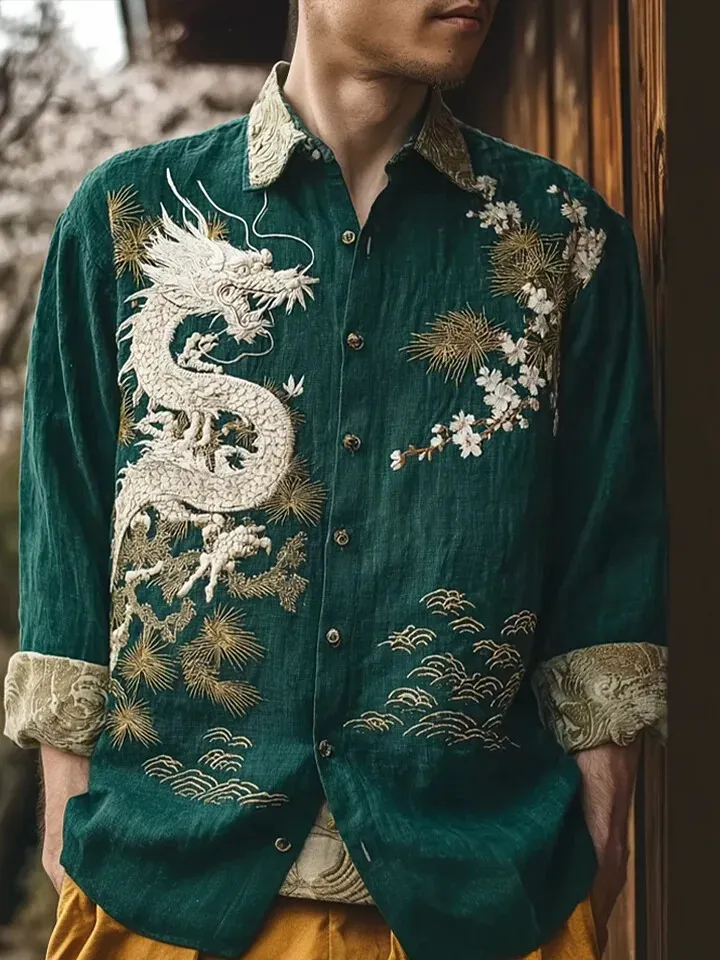 Men's Retro Cherry Blossom Pine Tree Dragon Print Long Sleeve Shirt
