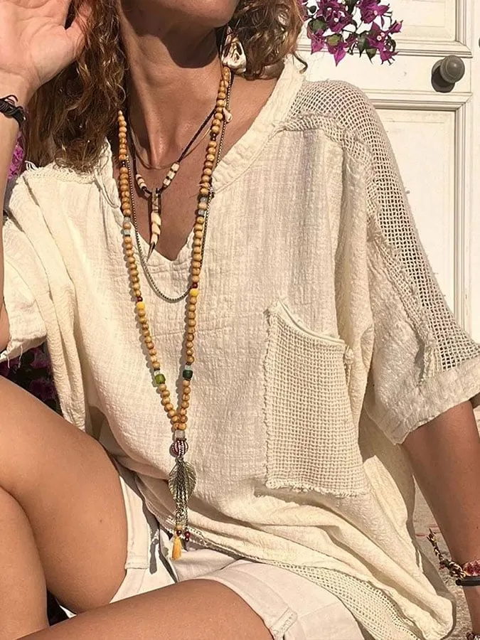 Women's cotton and linen casual V-neck shirt