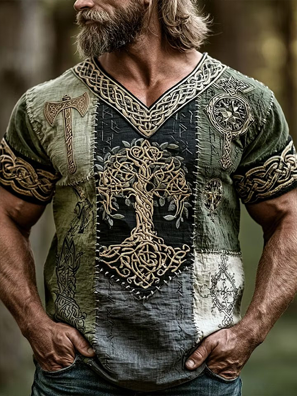 Men's Viking Yggdrasil Tree Patchwork Art Print V Neck T-Shirt