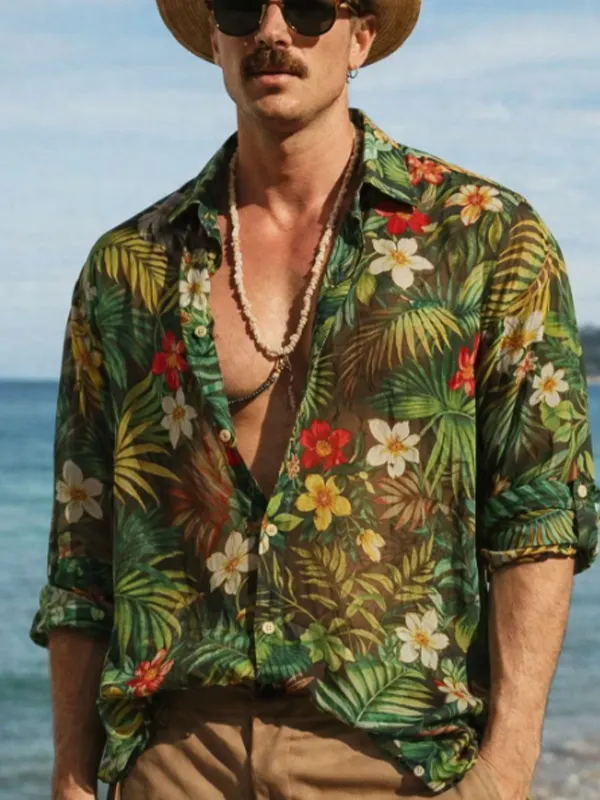 Men's Tropical Palm Floral Sheer Beach Hawaiian Art Print Long Sleeve Shirt