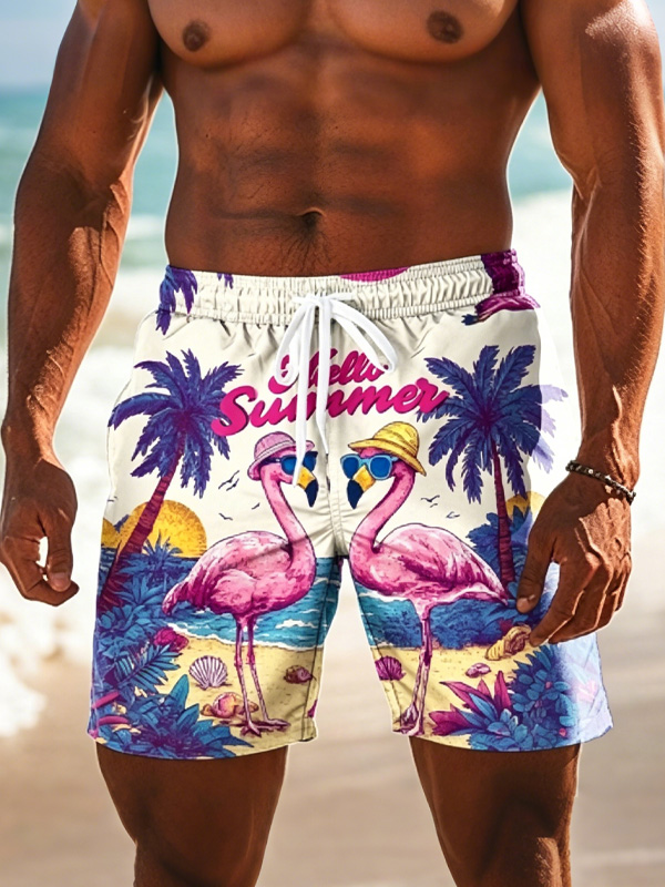 Men's Hello Summer Flamingo Palm Tree Beach Art Print Casual Shorts