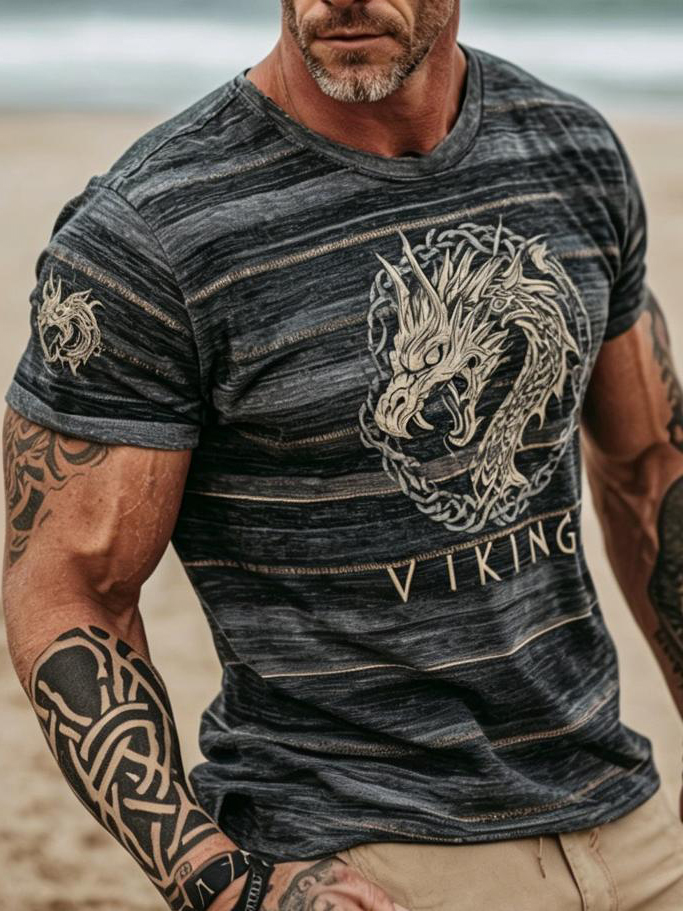 Men's Retro Viking Norse Dragon Art Print T-Shirt