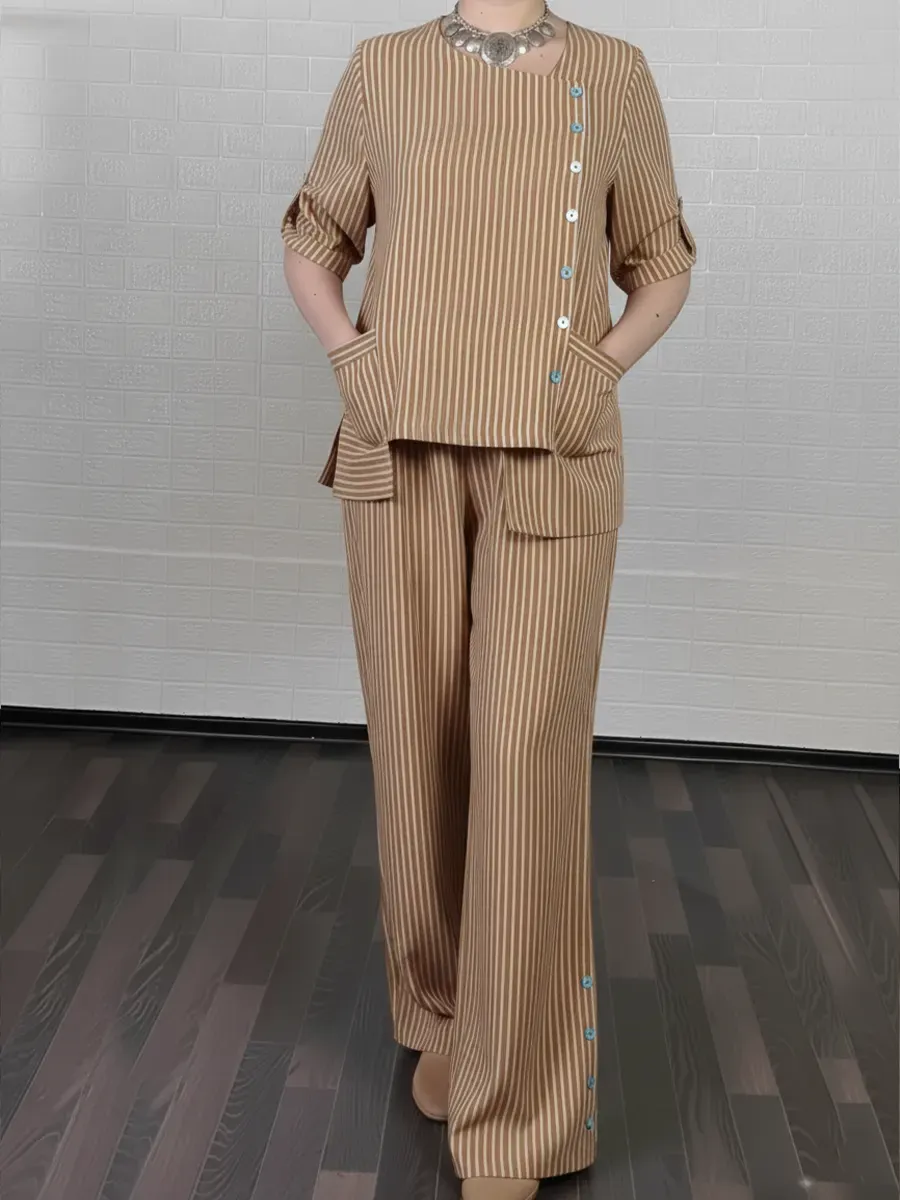 Women's Cozy Striped Linen And Cotton Top And Pants Two-piece Set.