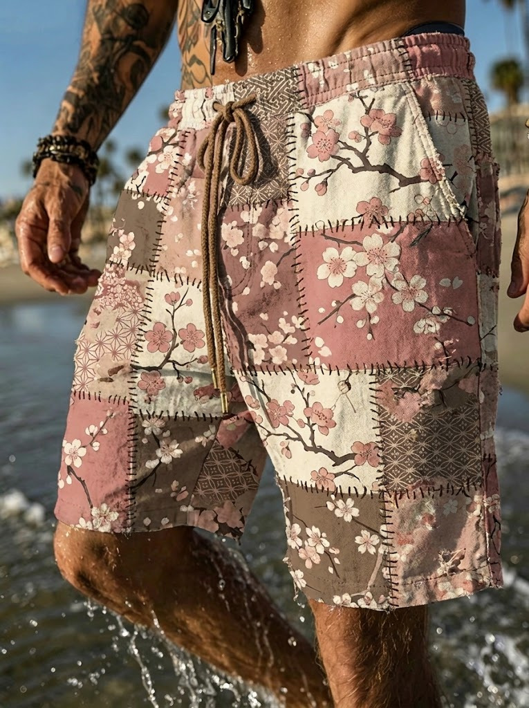 Men's Japanese Cherry Blossom Stitching Art Print Casual Shorts