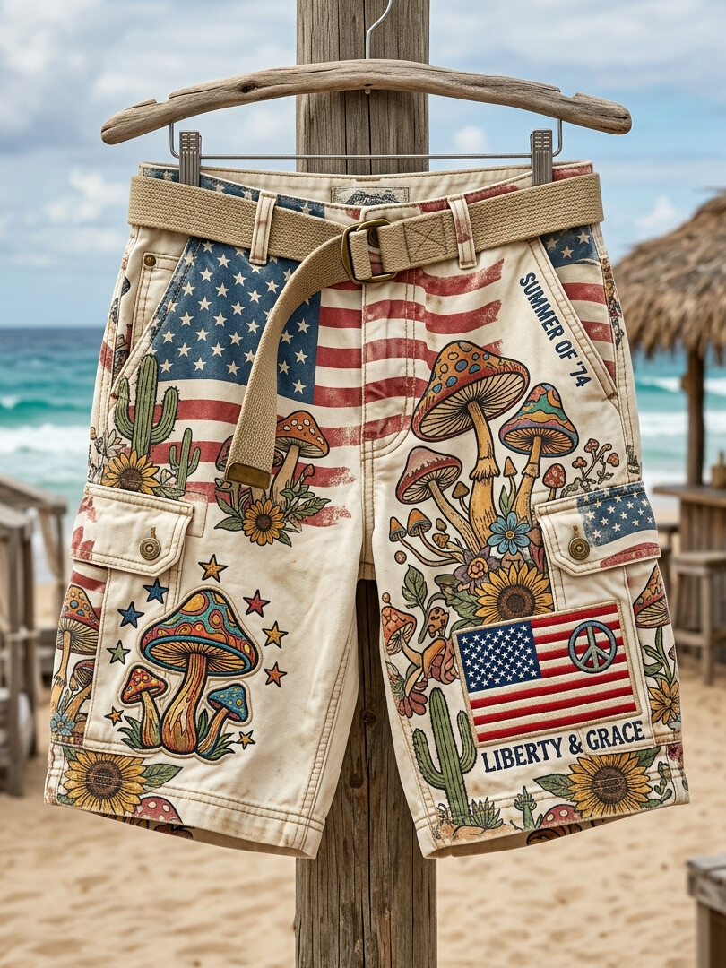 Men's Mushroom American Flag Art Print Hawaiian Beach Style Cargo Shorts