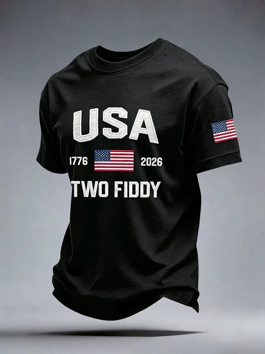 Men's USA 1776 Two Fiddy Frayed Letter Patch American Flag Print Cotton Casual T-Shirt
