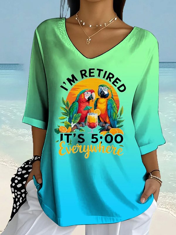 Women's I'm Retired It's 5 O'Clock Everywhere Parrot Print V Neck Long Sleeve T-Shirt