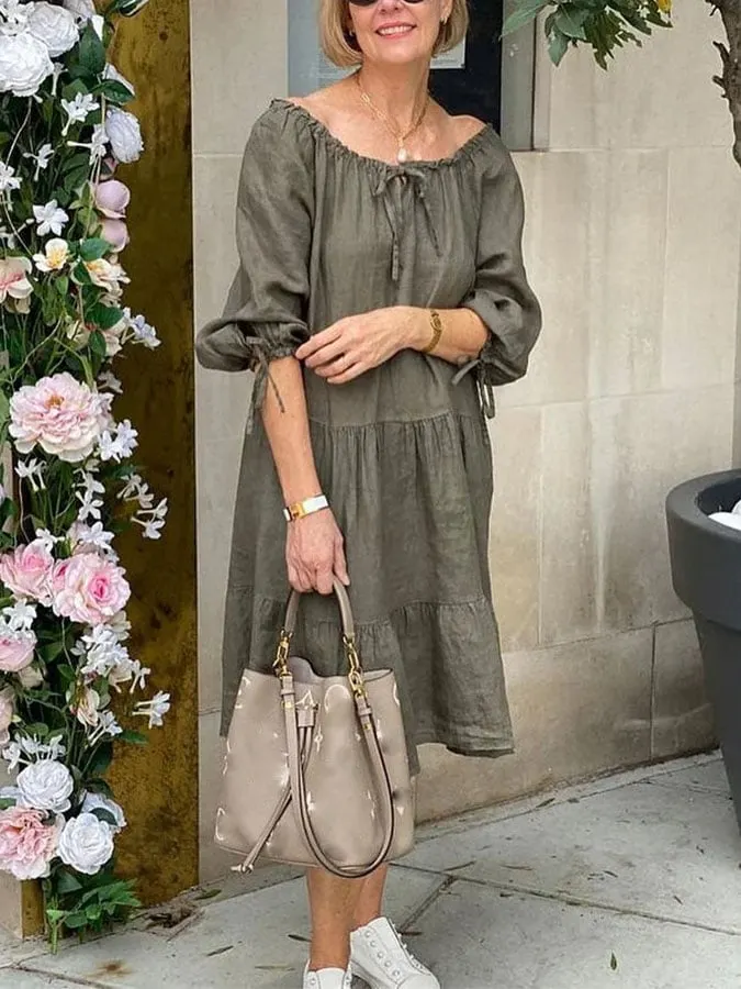 Ladies Solid Color Cotton Linen Long Sleeve Dress