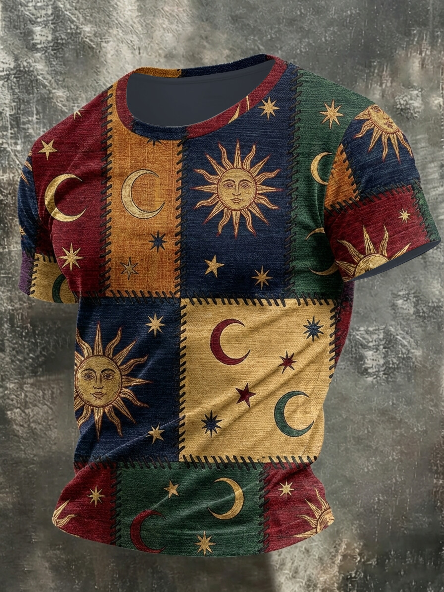 Men's Hippie Art Sun And Moon Color Block Print Casual T-Shirt