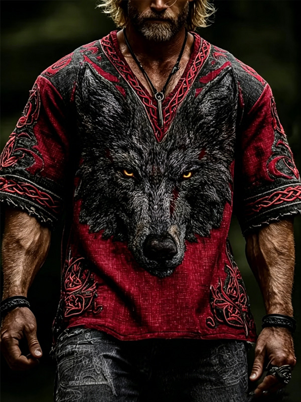 Men's Wolf Viking Art Print V Neck T-Shirt