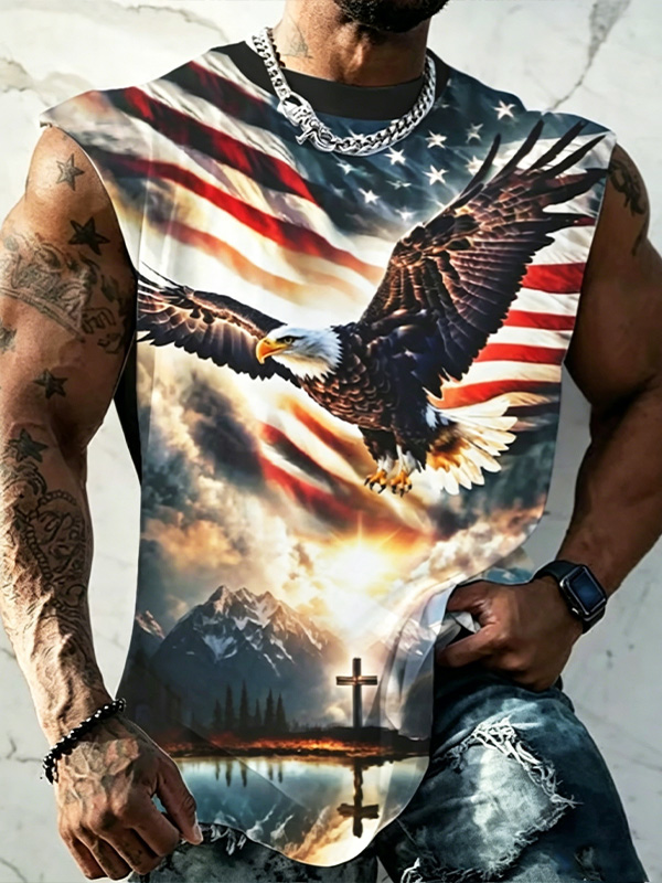Men's American Flag Bald Eagle Cross Art Print Tank Top