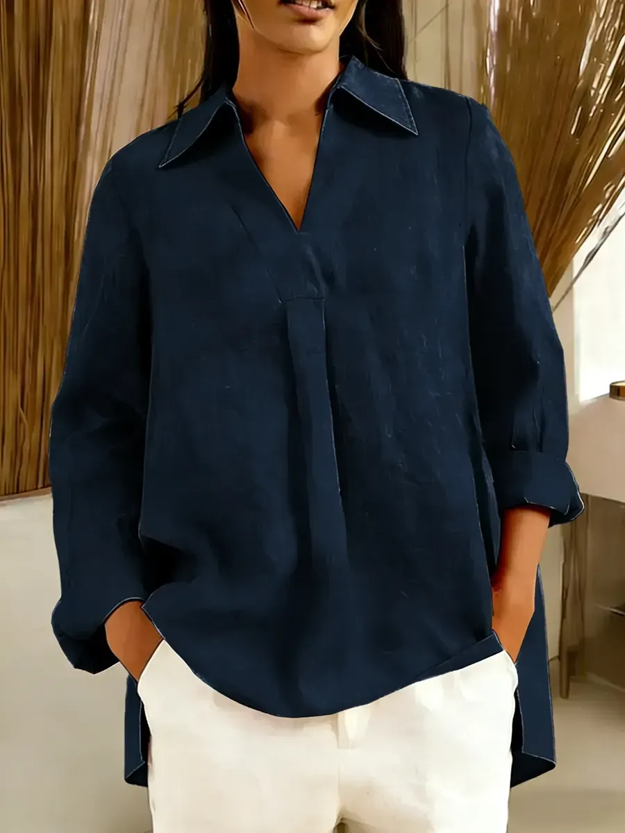 Women's Solid Color V-neck Long-sleeved Casual Loose Cotton And Linen Top
