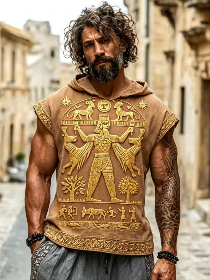 Men's Ancient Mesopotamian Hieroglyphics Print Hooded Tank Top