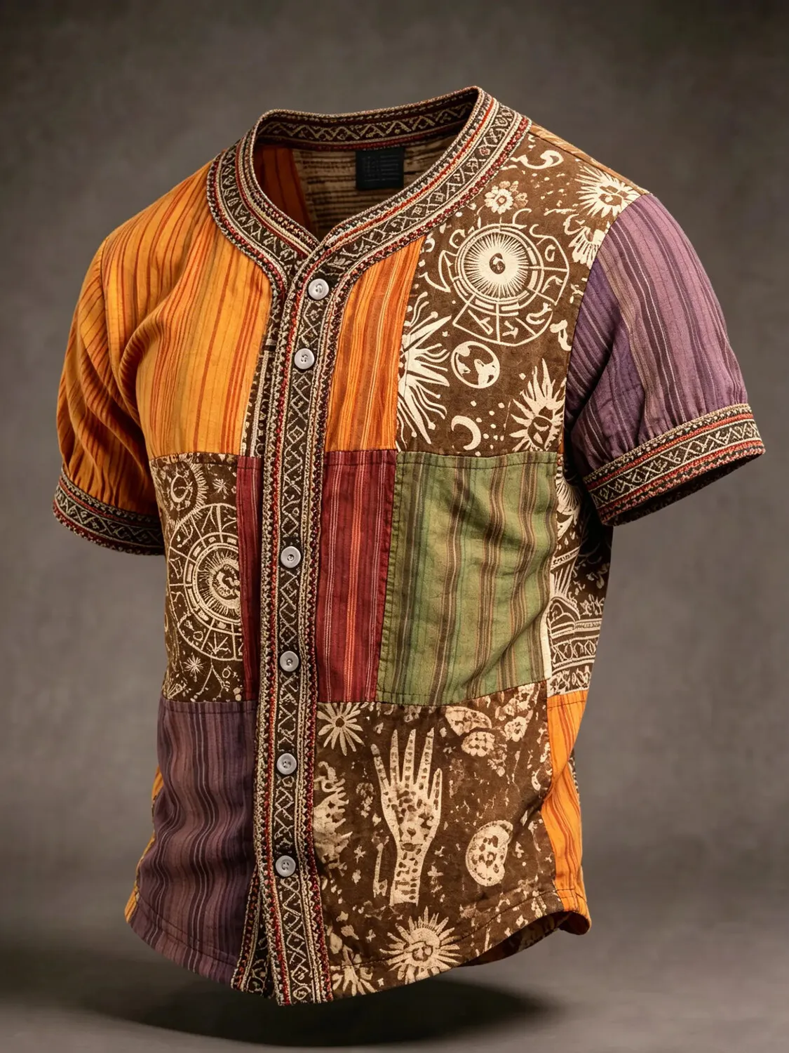 Men's Patchwork Astrology Hand Boho Art Print Casual Shirt
