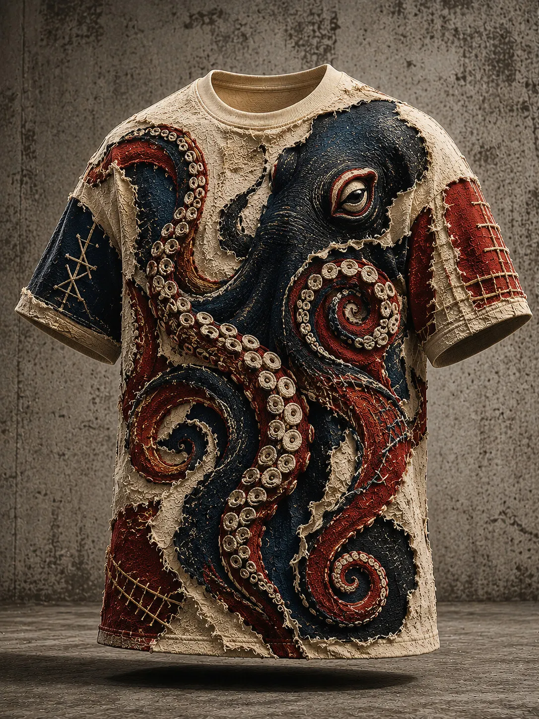 Men's 3D Torn Patchwork Octopus Tentacle Retro Stitch Art Print T-Shirt