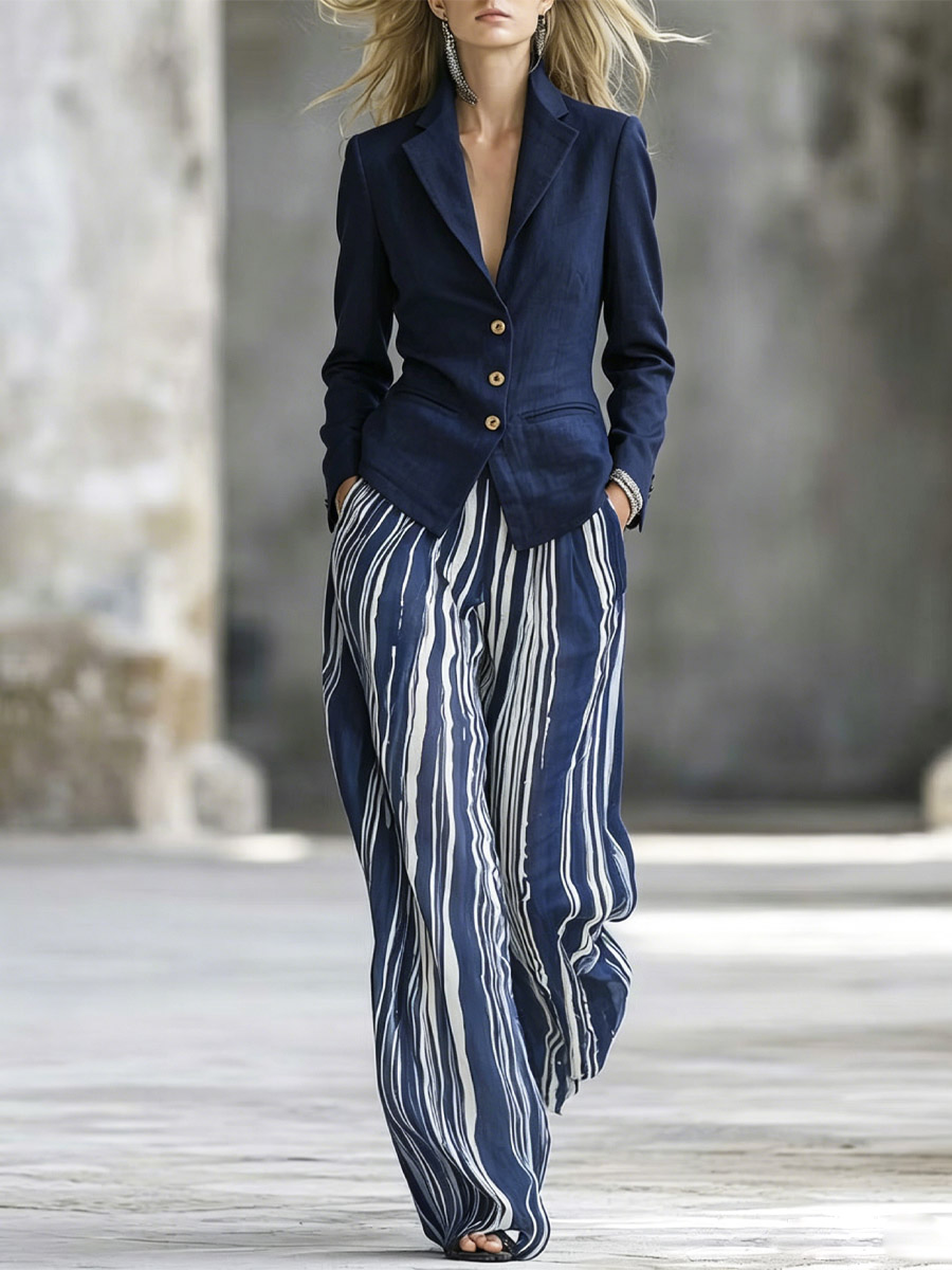 Women's Art Comfortable Casual Long Sleeve Top And Striped Pants Two-piece Set