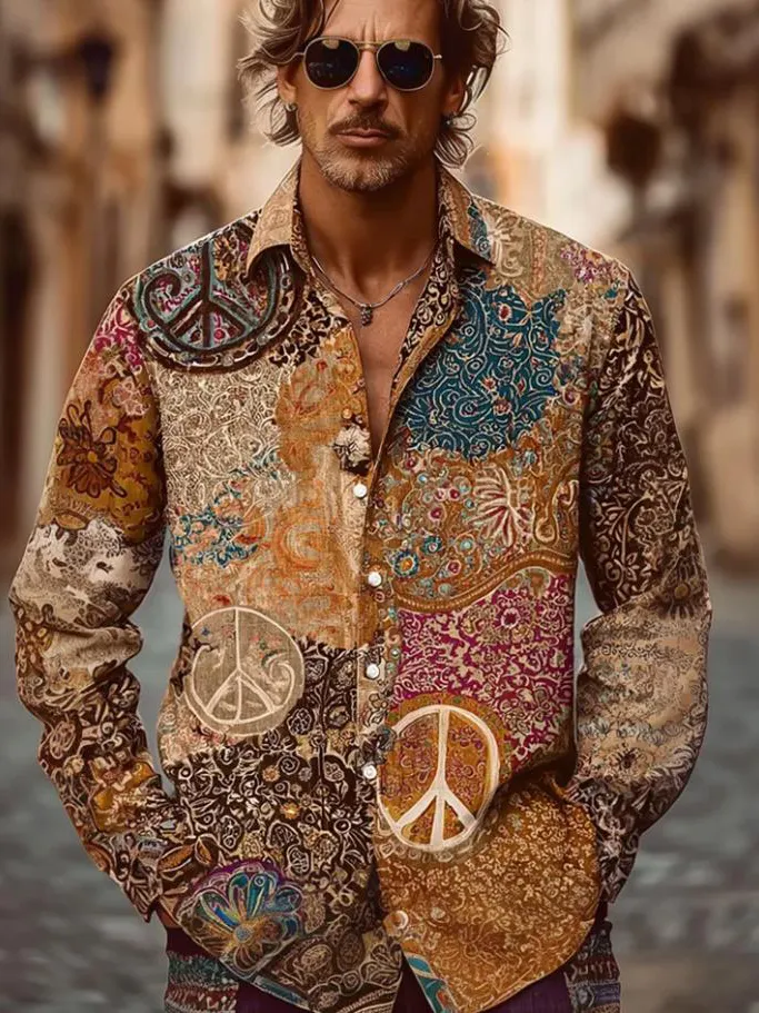 Men's Ethnic Pattern Patchwork Hippie Peace Long Sleeve Shirt