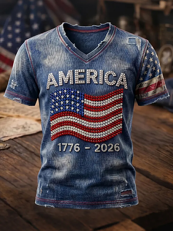 Men's AMERICA 1776-2026 Rhinestone American Flag Art Print V Neck T-Shirt