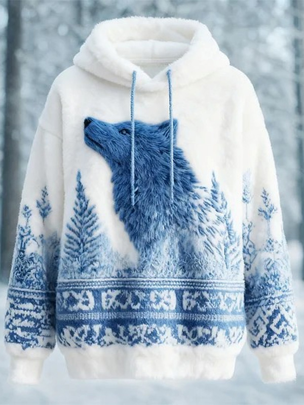 Men's Viking Wolf Forest Print Casual Flannel Hoodie
