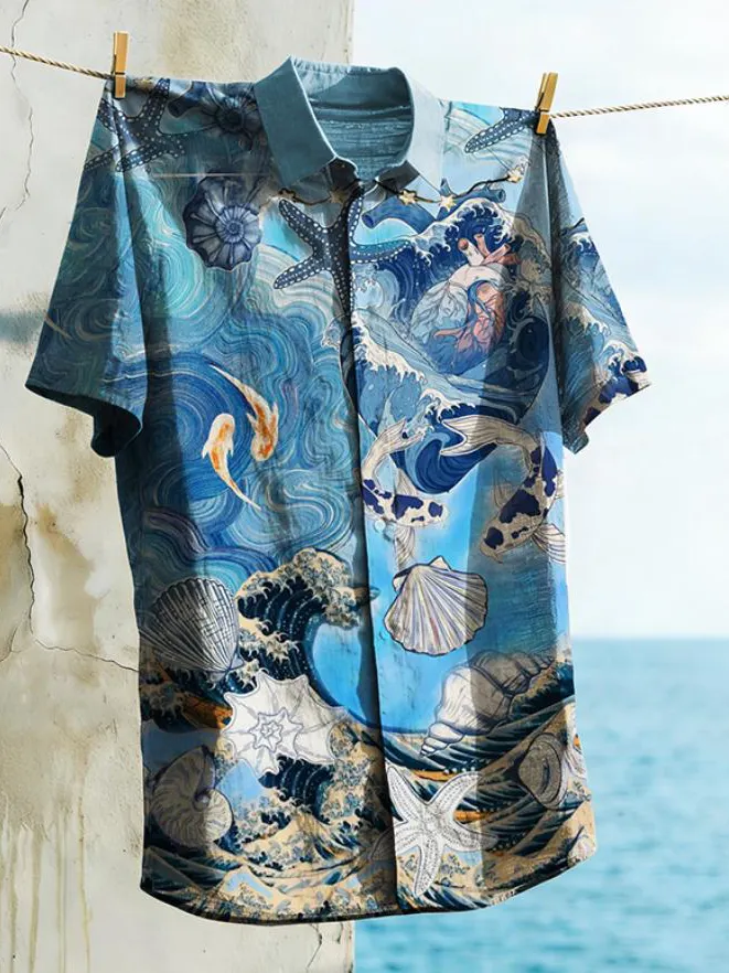 Men's Ocean Wave Koi Fish Art Print Shirt Red, White & Blue Edition