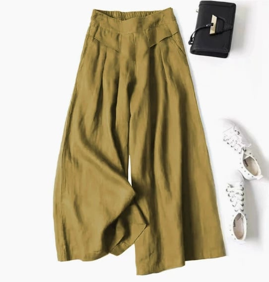 Women's Cotton Linen Culottes Pants Elastic Waist Wide Leg Palazzo Trousers Capri Pants with Pockets
