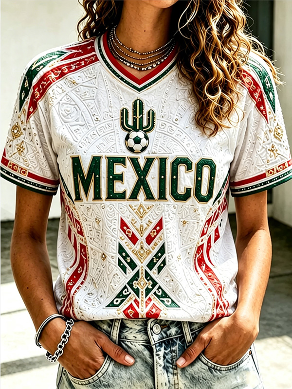Women's Mexico Cactus Soccer Football Art Print Casual V Neck T-Shirt