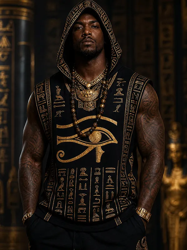 Men's Black Gold Ancient Egypt Eye of Horus Print Hooded Tank Top