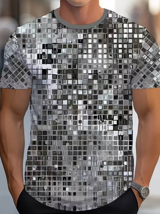 Men's Metallic Plaid Print Casual T-Shirt