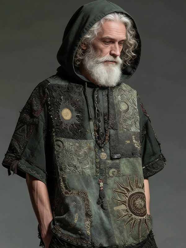 Men's Retro Hippie Sun Graphic Print Casual Hooded T-Shirt