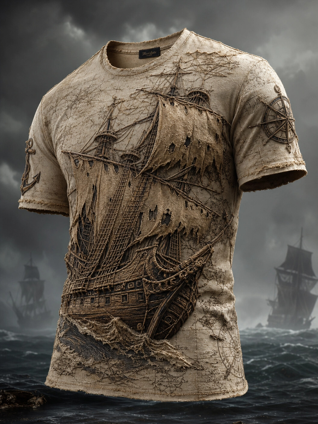 Men's Vintage 3D Pirate Ship Art Print T-Shirt