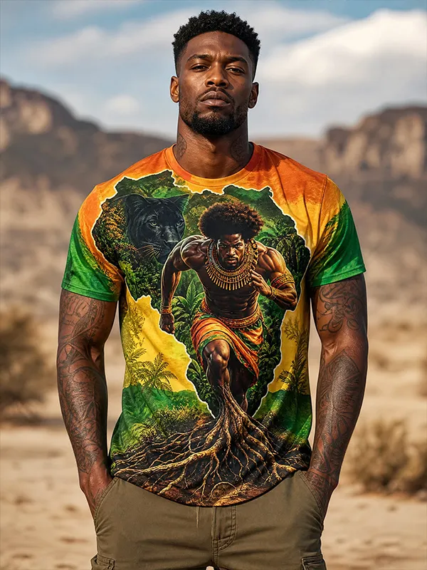 Men's Gradient African Map Panther Warrior Root Art Print T-Shirt