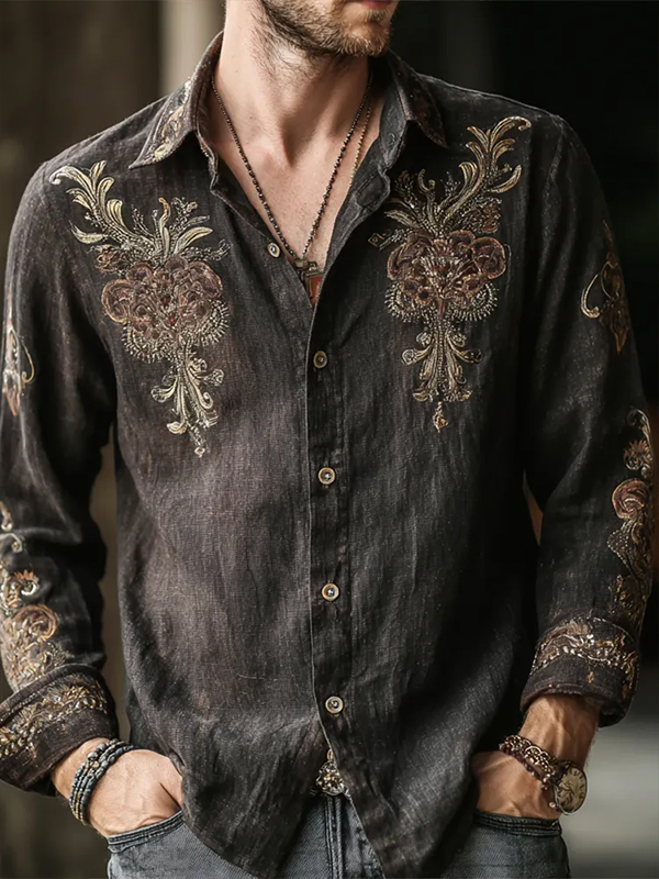 Men's Boho Floral Pattern Art Print Long Sleeve Shirt