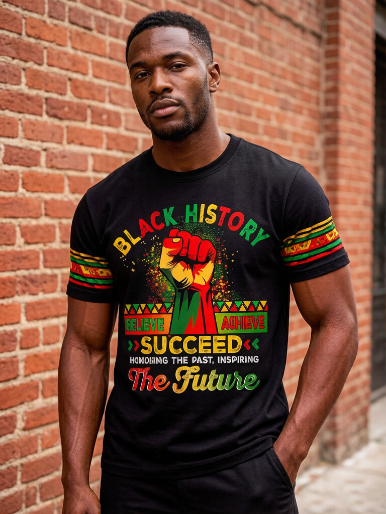 Men's Rasta Color Cuff Black History Month Power Fist Print T-Shirt